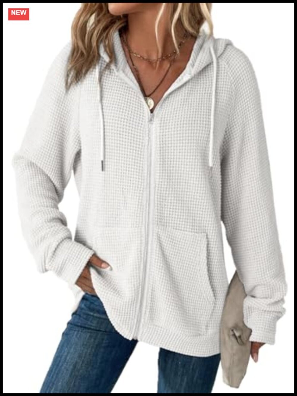 Waffle Knit Full Zip Hoodie Long Sleeve Sweatshirt Lightweight
